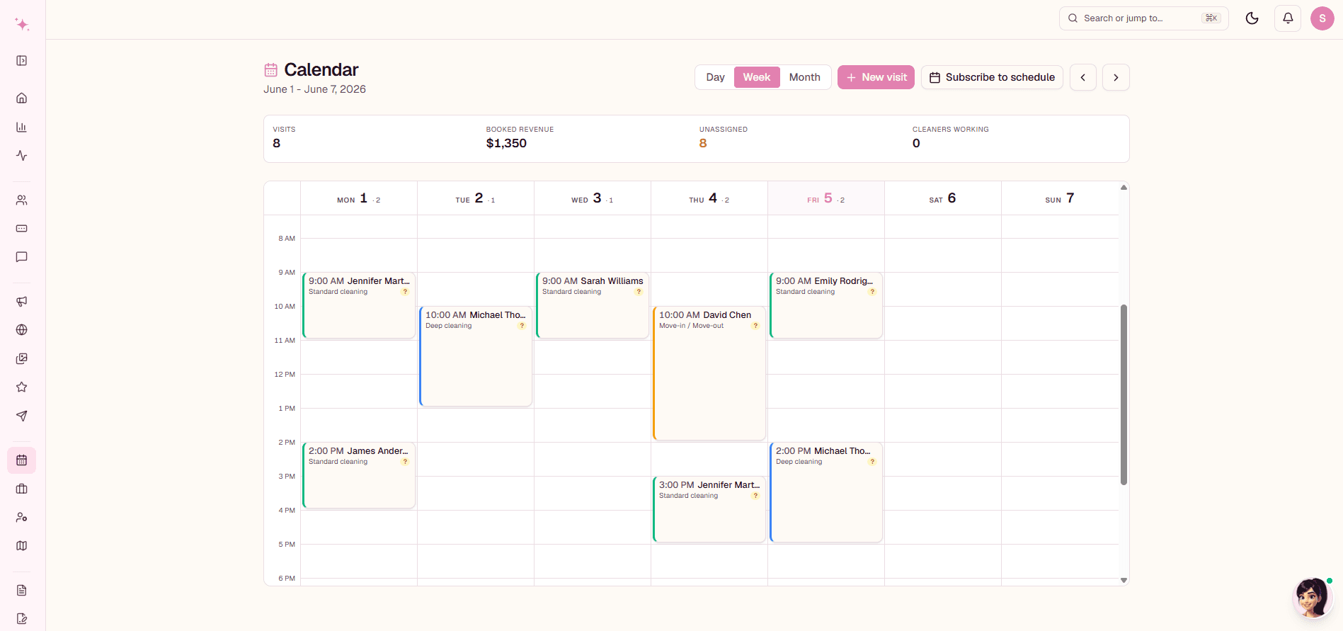 Eva's weekly calendar: every cleaning job laid out across the week, each one assigned to the right cleaner, with booked revenue and visit counts along the top.