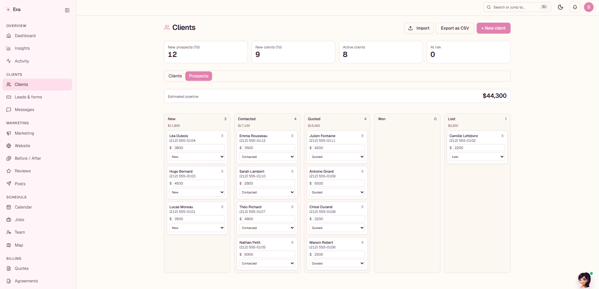 Eva's client pipeline: prospects organized across New, Contacted, Quoted, Won, and Lost stages, with an estimated pipeline of $44,300 along the top.