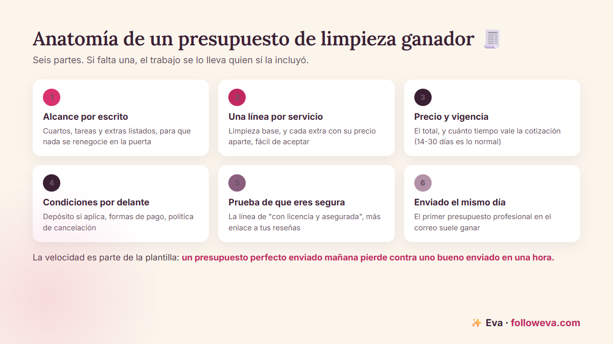 Las seis partes de un presupuesto de limpieza ganador: alcance por escrito, líneas de precio, precio y validez, términos, prueba de seguro, y entrega el mismo día
