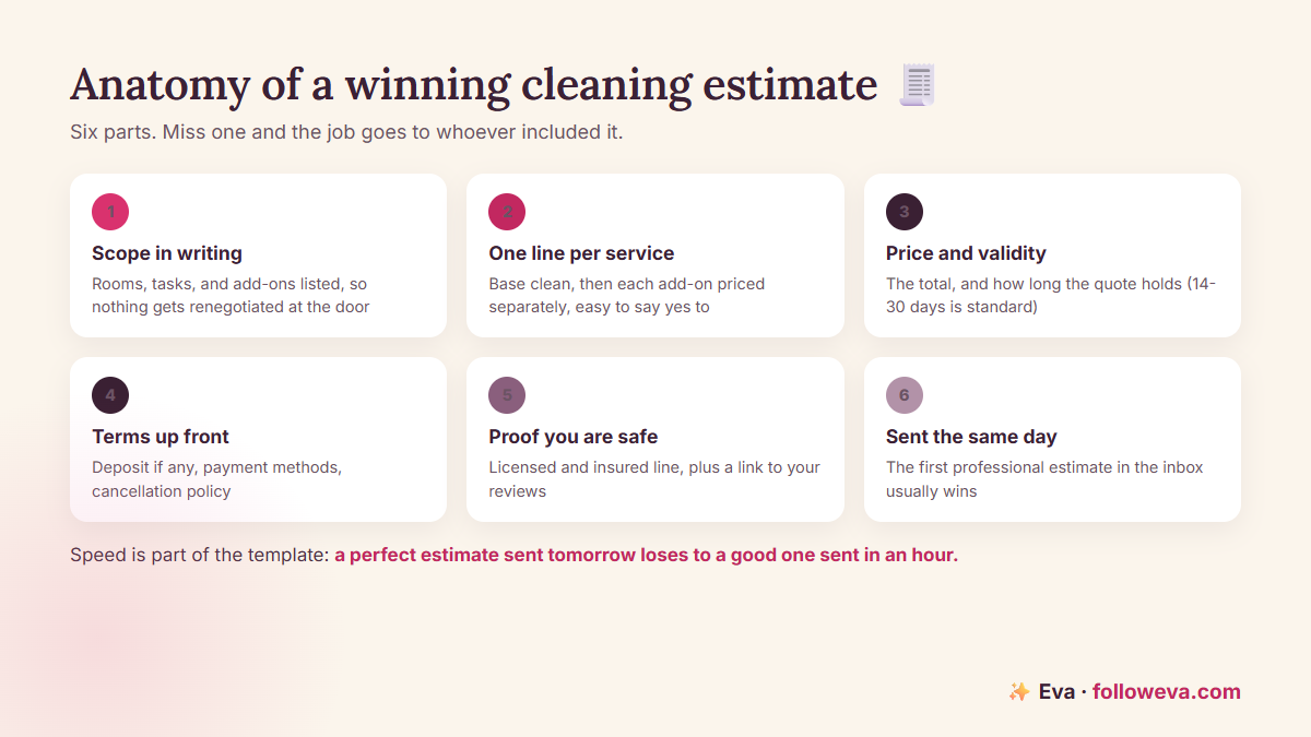 The six parts of a winning cleaning estimate: written scope, line items, price and validity, terms, proof of insurance, and same-day delivery